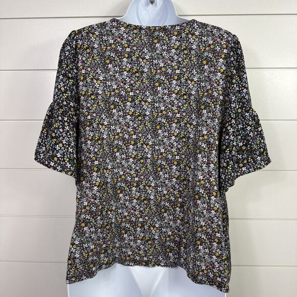 LOFT Floral Print Short Sleeved V-Neck Blouse Shirt Navy Blue sz S - Picture 4 of 6